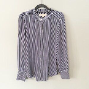 LOFT blue white striped mock collar hidden button front long sleeve top